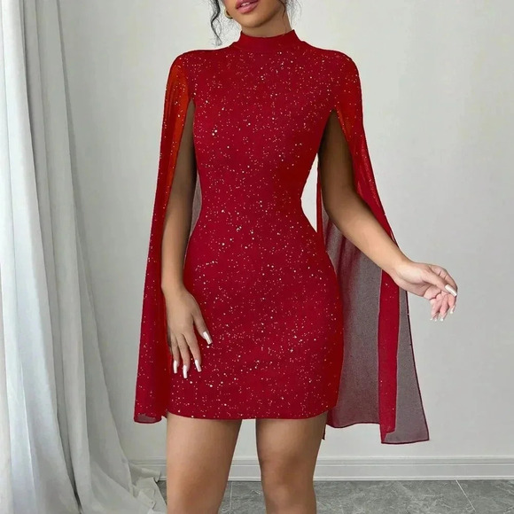 Red Party Women's Fitted Short Casual Mock Neck Flared Sleeve Bodycon Dress - Picture 4 of 7